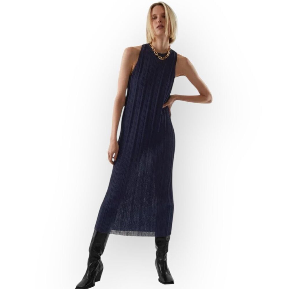 COS Women's Size Small Navy Blue Slim-Fit Pleated Midi Dress